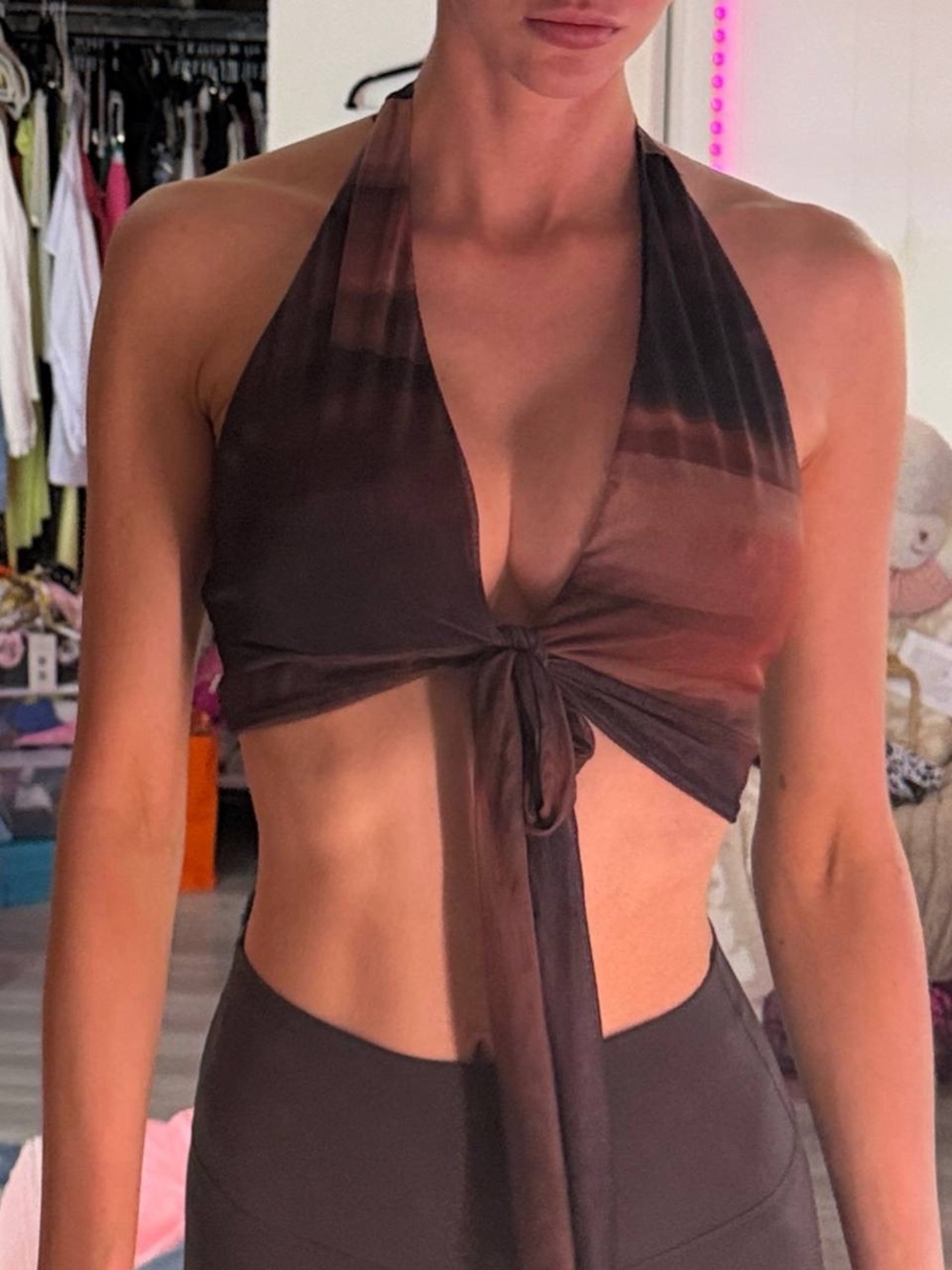 Women’s Halter Tie-Front Crop Top in Brown